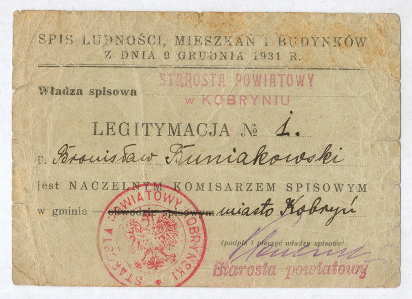 Legitymacja Naczelnego Komisarza Spisowego w Kobryniu, 9 grudnia 1931 /Leszek Kasprzak /Agencja FORUM