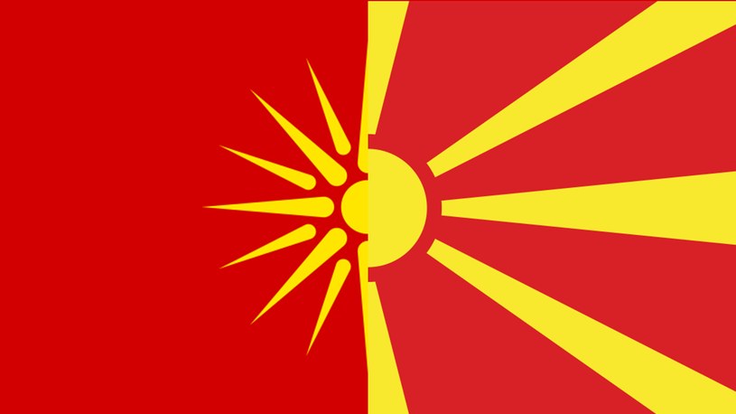 Lewa część przedstawia flagę Macedonii jako regionu, prawa - pańśtwa /domena publiczna