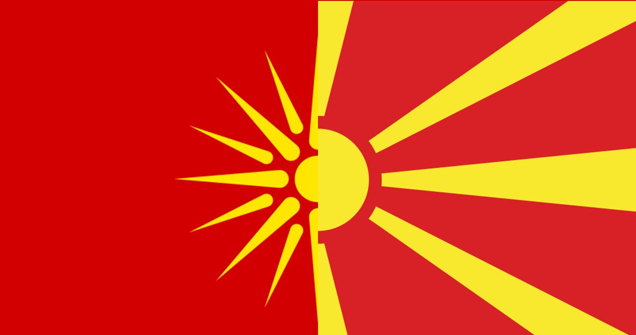 Lewa część przedstawia flagę Macedonii jako regionu, prawa - pańśtwa /domena publiczna
