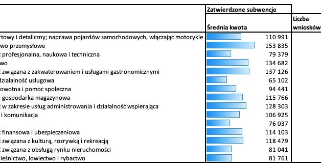 Liczba pozytywnie rozpatrzonych wniosków i średnia wartość dotacji w segmencie SME, top 15 branż. Dane dla Santander Bank Polska. /&nbsp