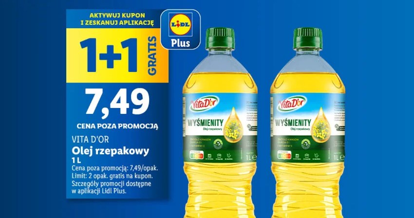 Lidl kusi promocjami posiadaczy karty Lidl Plus! Olej rzepakowy Vita D’Or 1+1 gratis! /Lidl /INTERIA.PL