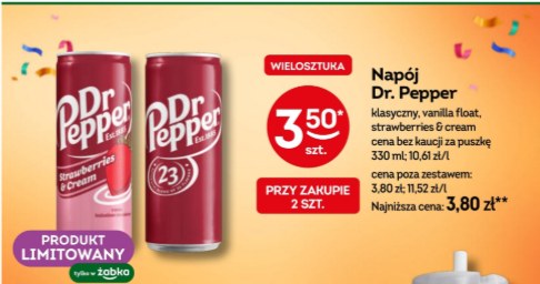 Limitowana nowość w Żabce – Dr Pepper w nietypowych smakach, dostępny w promocji przy zakupie dwóch puszek. /Żabka /INTERIA.PL
