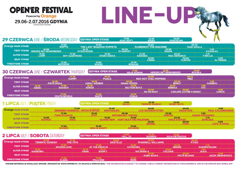 Line-up godzinowy Open'er Festival 2016 /Oficjalna strona festiwalu