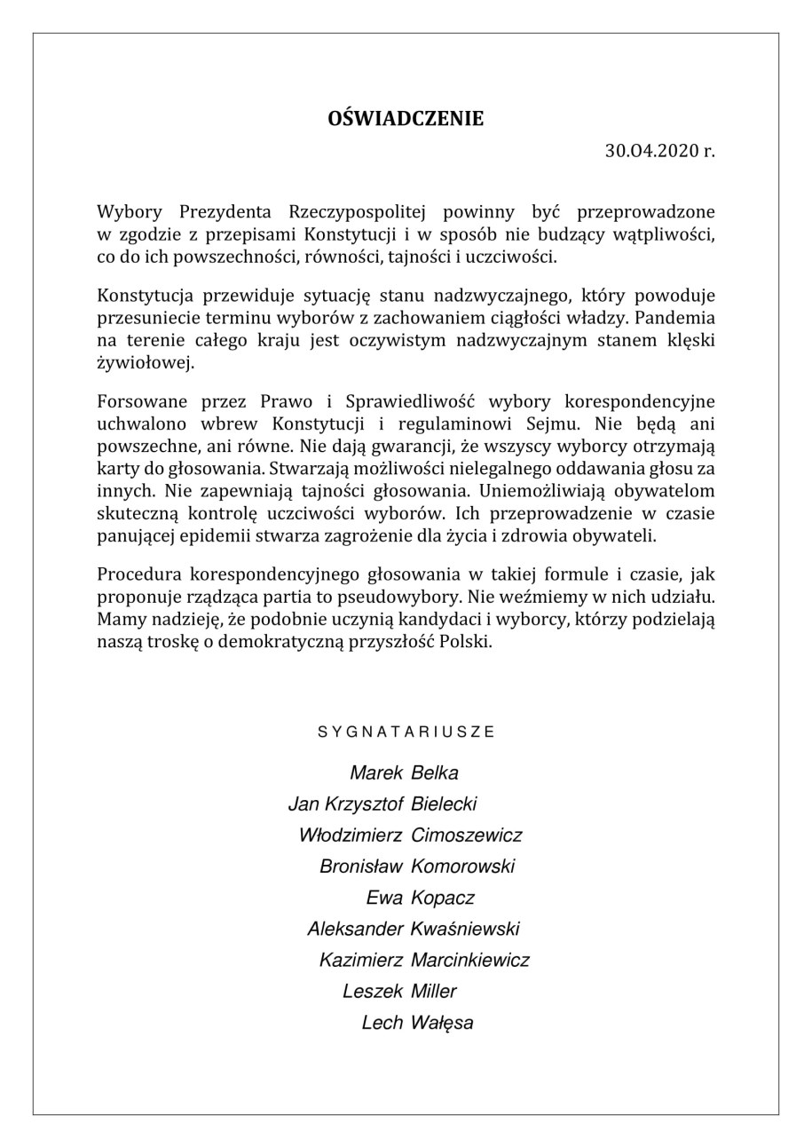 List byłych prezydentów i premierów dot. wyborów /FOR /