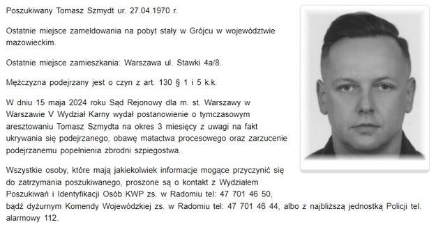 List gończy za Tomaszem Szmydtem /Mazowiecka Policja /