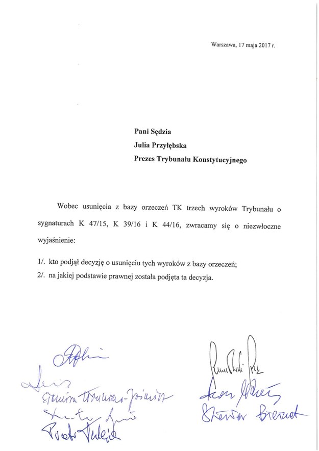 List, który sędziowie TK skierowali do prezes Julii Przyłębskiej /RMF FM