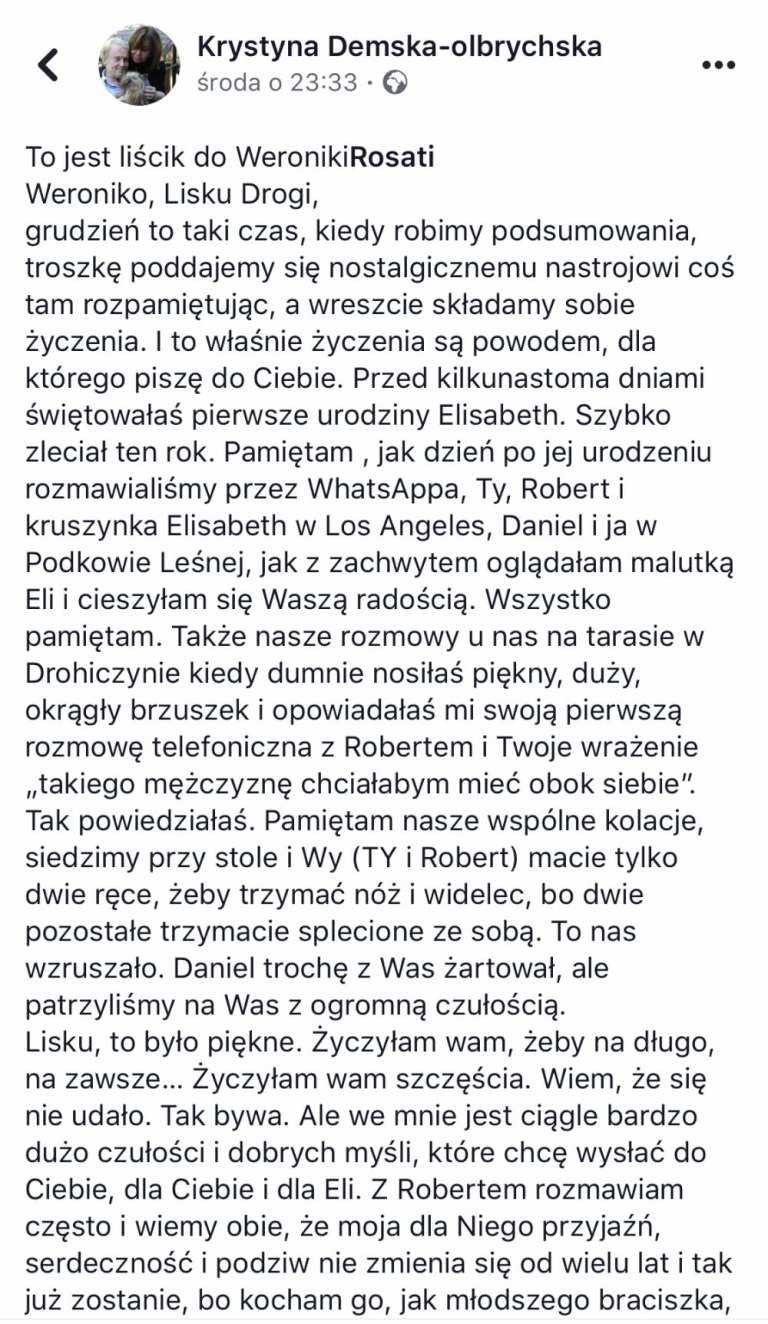 List otwarty Krystyny Demskiej-Olbrychskiej do Weroniki Rosati/ screeen z Facebooka /materiały prasowe