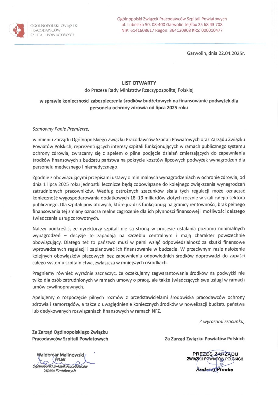 List Otwarty Związku Powiatów Polskich i Ogólnopolskiego Związku Pracodawców Szpitali Powiatowych /