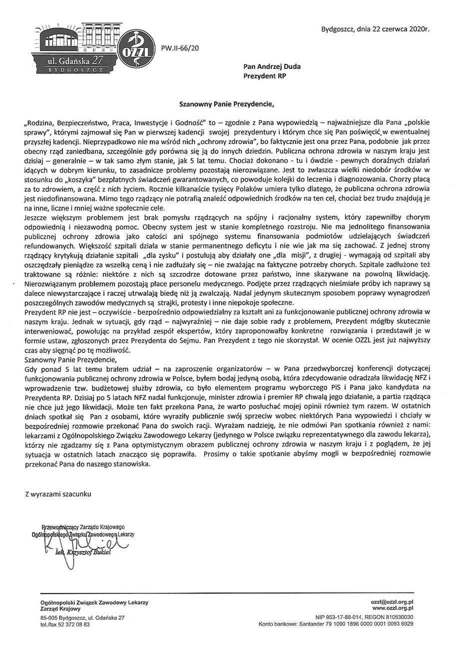 List OZZL do prezydenta Andrzeja Dudy /OZZL /