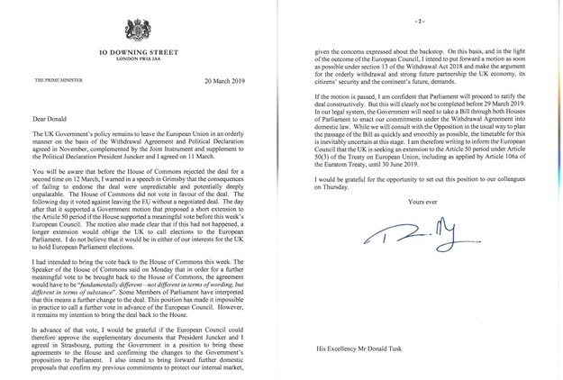 List premier Wielkiej Brytanii do szefa Rady Europejskiej Donalda Tuska z prośbą o przesunięcie w czasie brexitu /BRITISH PRIME MINISTER'S PRESS OFFICE /PAP/EPA