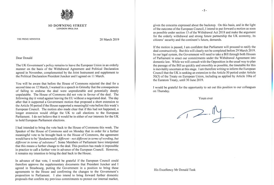 List premier Wielkiej Brytanii do szefa Rady Europejskiej Donalda Tuska z prośbą o przesunięcie w czasie brexitu /BRITISH PRIME MINISTER'S PRESS OFFICE /PAP/EPA