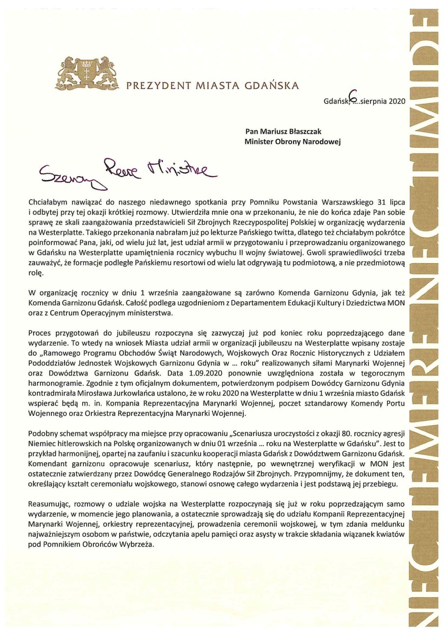 List prezydent Gdańska Aleksandry Dulkiewicz do szefa MON Mariusza Błaszczaka /materiały prasowe /