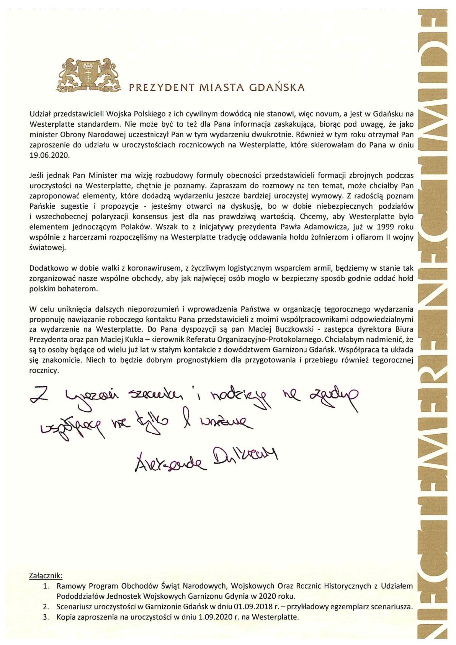 List prezydent Gdańska Aleksandry Dulkiewicz do szefa MON Mariusza Błaszczaka /materiały prasowe /