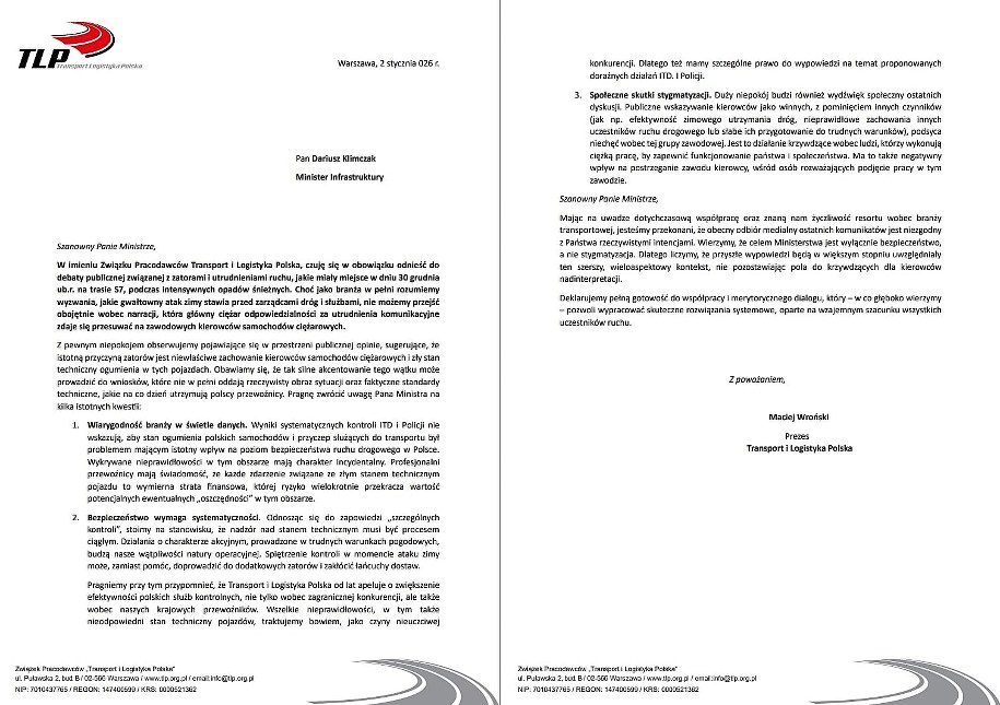 List przygotowany przez Związek Pracodawców "Transport i Logistyka Polska" /Związek Pracodawców Transport i Logistyka Polska /