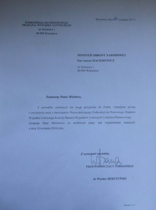 List Wacława Berczyńskiego do szefa MON Antoniego Macierewicza opublikowała na swoich stronach podkomisja smoleńska /podkomisjasmolensk.mon.gov.pl /
