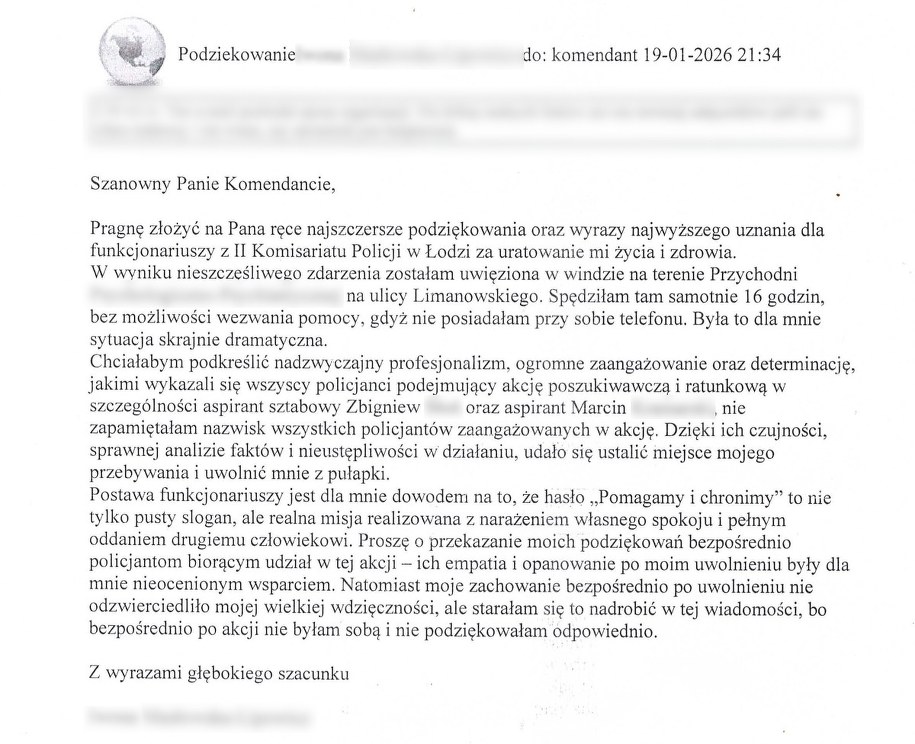 List z podziękowaniami od 47-latki /Policja Łódź /Policja