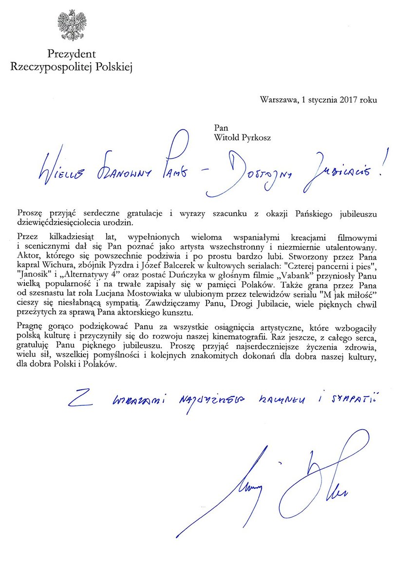 Lista Prezydenta Andrzeja Dudy do Witolda Pyrkosza /www.mjakmilosc.tvp.pl/