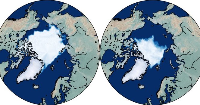 Lód morski w końcówce arktycznego lata 1979 r. (po lewej) i w 2019 r. (po prawej) /Fot. Dirk Notz /materiały prasowe