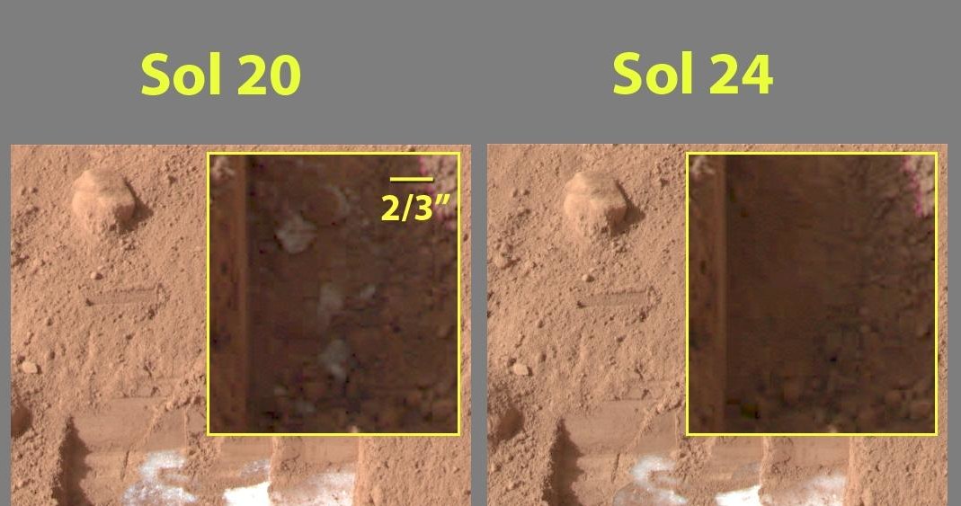 Lód sfotografowany przez lądownik Phoenix w 2008 roku. Sol to nazwa marsjańskiej doby, która jest dłuższa od ziemskiej o ok. 40 minut. /NASA /materiał zewnętrzny