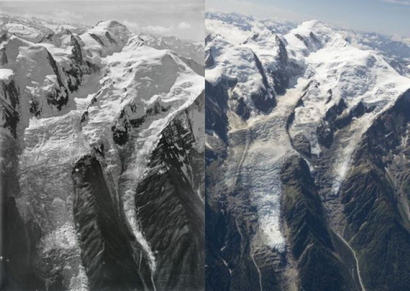 Lodowiec Bossons Mont Blanc w 1919 roku (po lewej) i 2019 r. Zdjęcie: Walter Mittelholzer, ETH Zürich-Bibliothek / Dr Kieran Baxter, University of Dundee /materiały prasowe