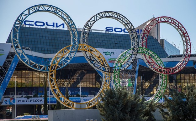 Logo igrzysk przed lotniskiem w Soczi /HANNIBAL HANSCHKE /PAP/EPA