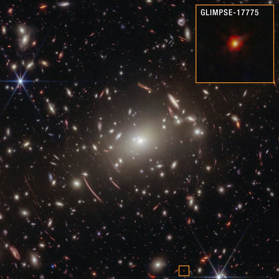 Lokalizacja GLIMPSE-17775 na tle gromady galaktyk Abell S1063 /NASA, ESA, CSA, V. Kokorev (University of Texas at Austin), A. Pagan (STScI) /Materiały prasowe