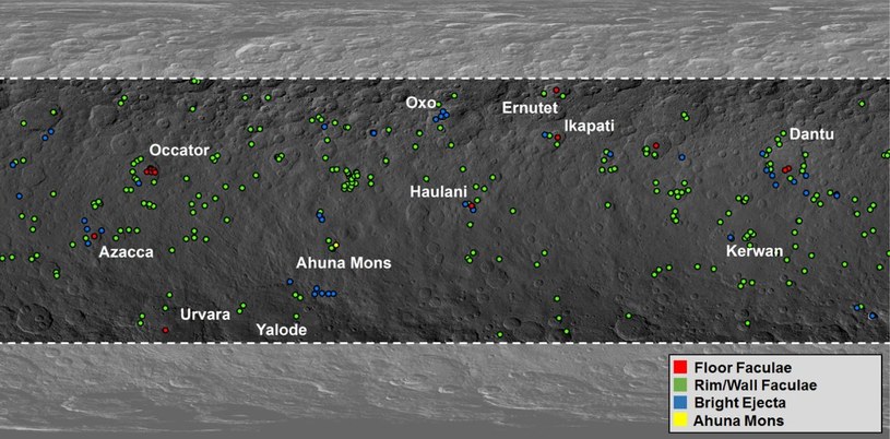 Lokalizacja jasnych obszarów na Ceres /materiały prasowe