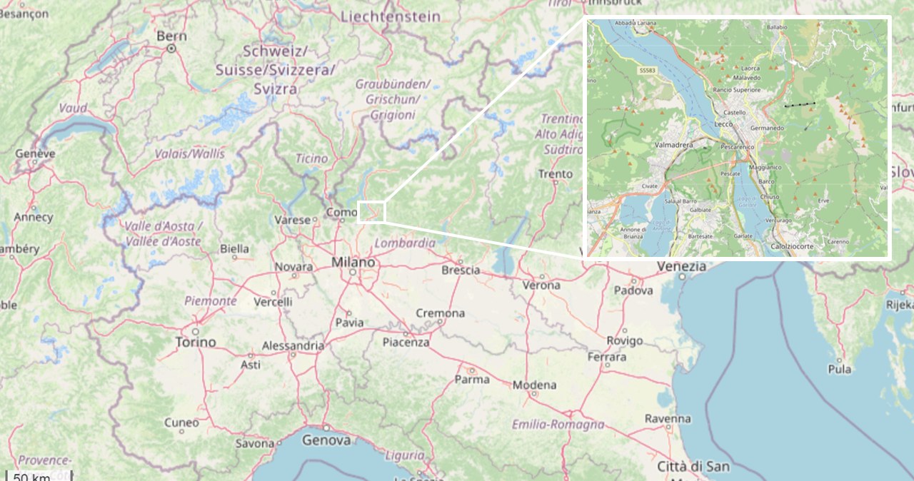 Lokalizacja Lecco, którego krajobraz jest tłem dla Mona Lisy /autorzy OpenStreetMap /materiał zewnętrzny