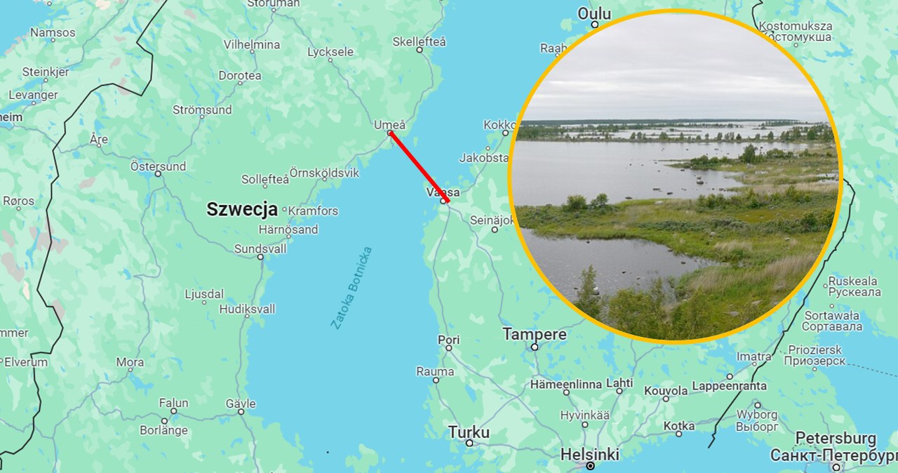 Lokalizacja mostu zaznaczona czerwoną linią. Po prawej krajobraz Kvarken /Google Maps/Erika Wannee/CC BY-SA 4.0 DEED (https://creativecommons.org/licenses/by-sa/4.0/deed.en) /Wikimedia