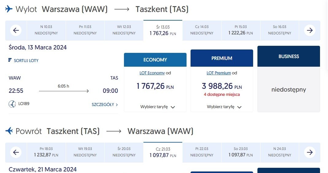Lot Warszawa-Taszkent-Warszawa. /materiał zewnętrzny