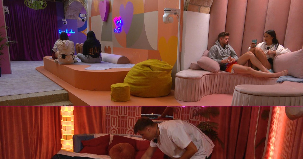 Love Island 9 - na górze po prawej: Daniel, Emi. Na dole Adrian w kryjówce /materiały prasowe