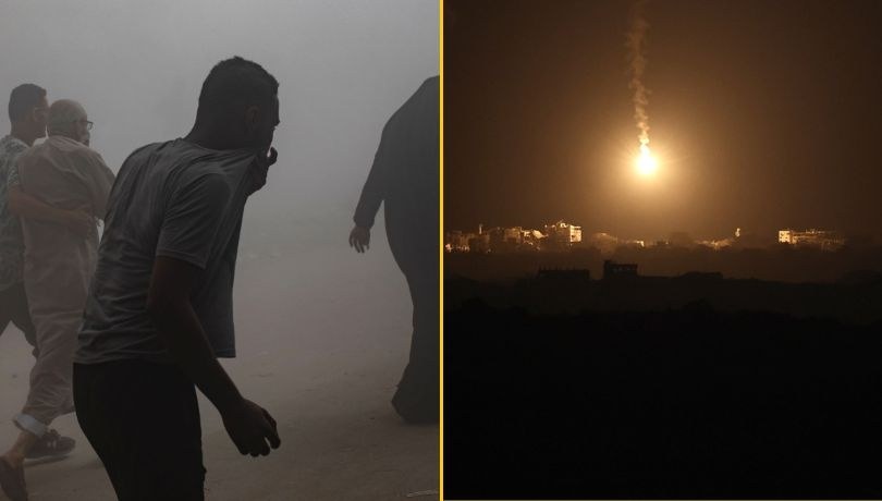 Ludzie uciekający przed dławiącym dymem i kurzem, który unosi się po tym, jak izraelski nalot uderzył w wieżowiec mieszkalny Al-Ghafari w mieście Gaza /	HAITHAM IMAD/PAP/EPA/ATEF SAFADI /PAP