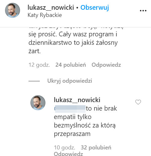 Łukasz Nowicki przeprosił za swoje słowa dotyczące depresji, które wypowiedział podczas programu "Pytanie na śniadanie" /Instagram/lukasz__nowicki /Instagram
