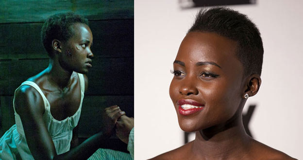 Lupita Nyong'o jako niewolnica Patsy (L) i podczas gali wręczenia Złotych Globów (P) /Getty Images/Flash Press Media