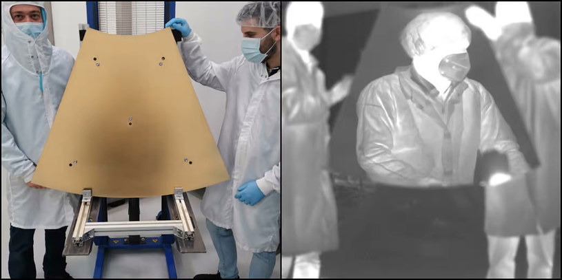Lustrzane panele ASTHROS pokryte złotem podczas sfotografowania kamerą na podczerwień - na zdjęciu po prawej panel odbija obraz technika NASA  tak wyraźnie, jakby ten patrzył w lustro. /Źródło: Media Lario /domena publiczna