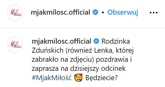 "M jak miłość" na Instagramie /@mjakmilosc.official /Instagram