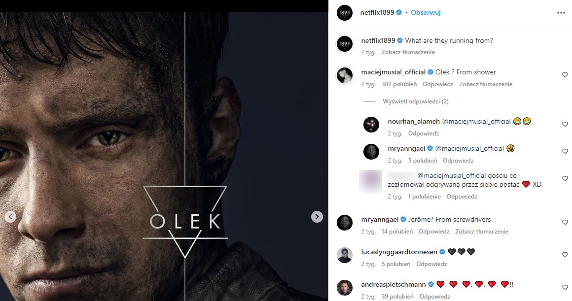Maciej Musiał jako Olek w serialu Netfliksa "1899" /@netflix1899 /Instagram