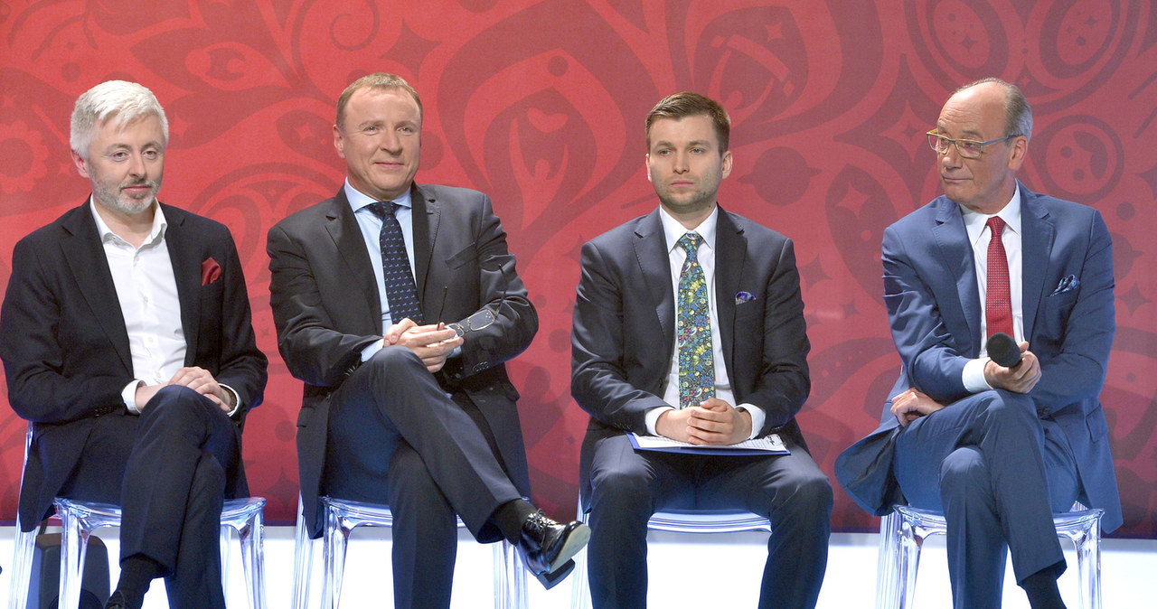 Maciej Stanecki, Jacek Kurski, Hubert Bugaj i Dariusz Szpakowski w TVP na konferencji prasowej dotyczącej mundialu 2018 /AKPA