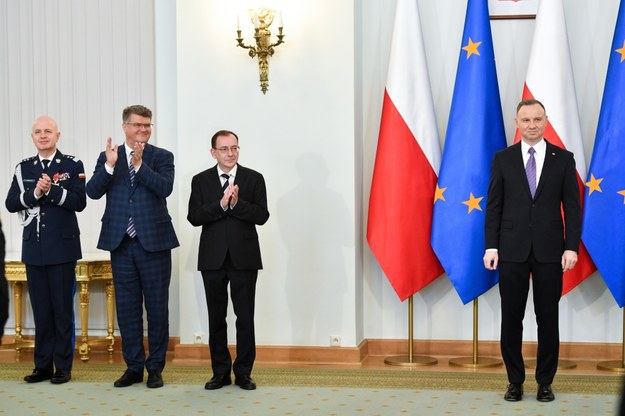 Maciej Wąsik, Mariusz Kamiński i prezydent Andrzej Duda na zdjęciu z lutego 2023 roku /Radek Pietruszka /PAP