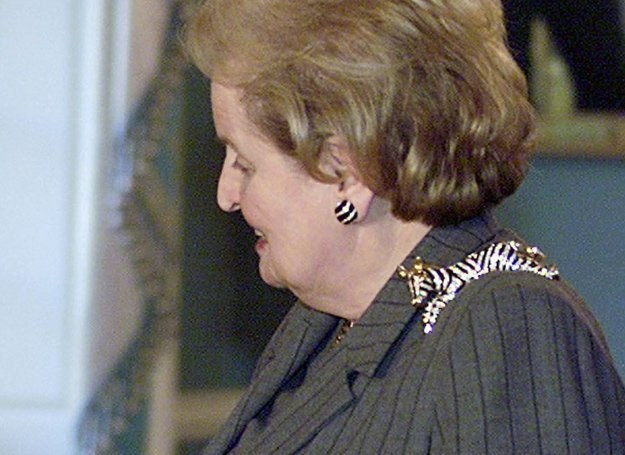 Madeleine Albright z broszką w kształcie zebry /AFP