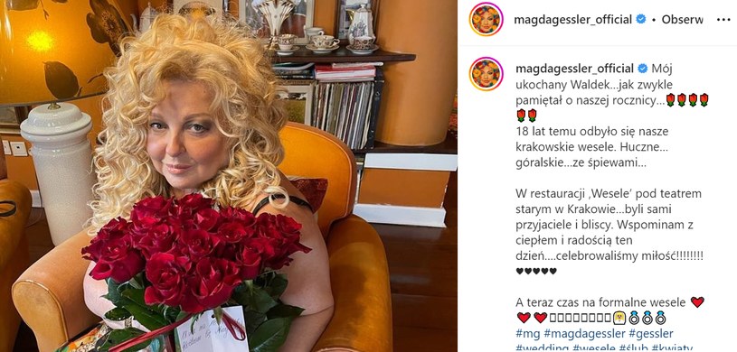 Magda Gessler w czerwcu 2022 pisała o ślubie z Waldemarem Kozerawskim /Instagram/Magda Gessler /Instagram