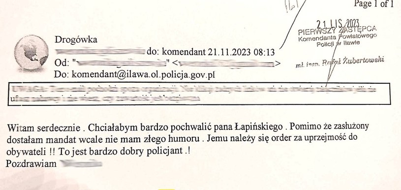 Mail od kierującej, który wpłynął na skrzynkę policji w Iławie. /Komenda Powiatowa Policji w Iławie /Policja