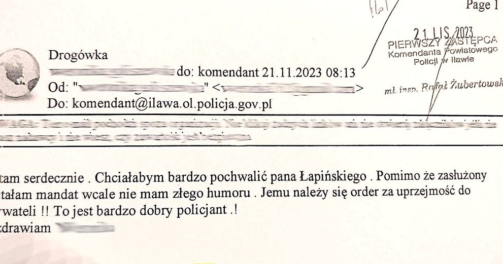 Mail od kierującej, który wpłynął na skrzynkę policji w Iławie. /Komenda Powiatowa Policji w Iławie /Policja