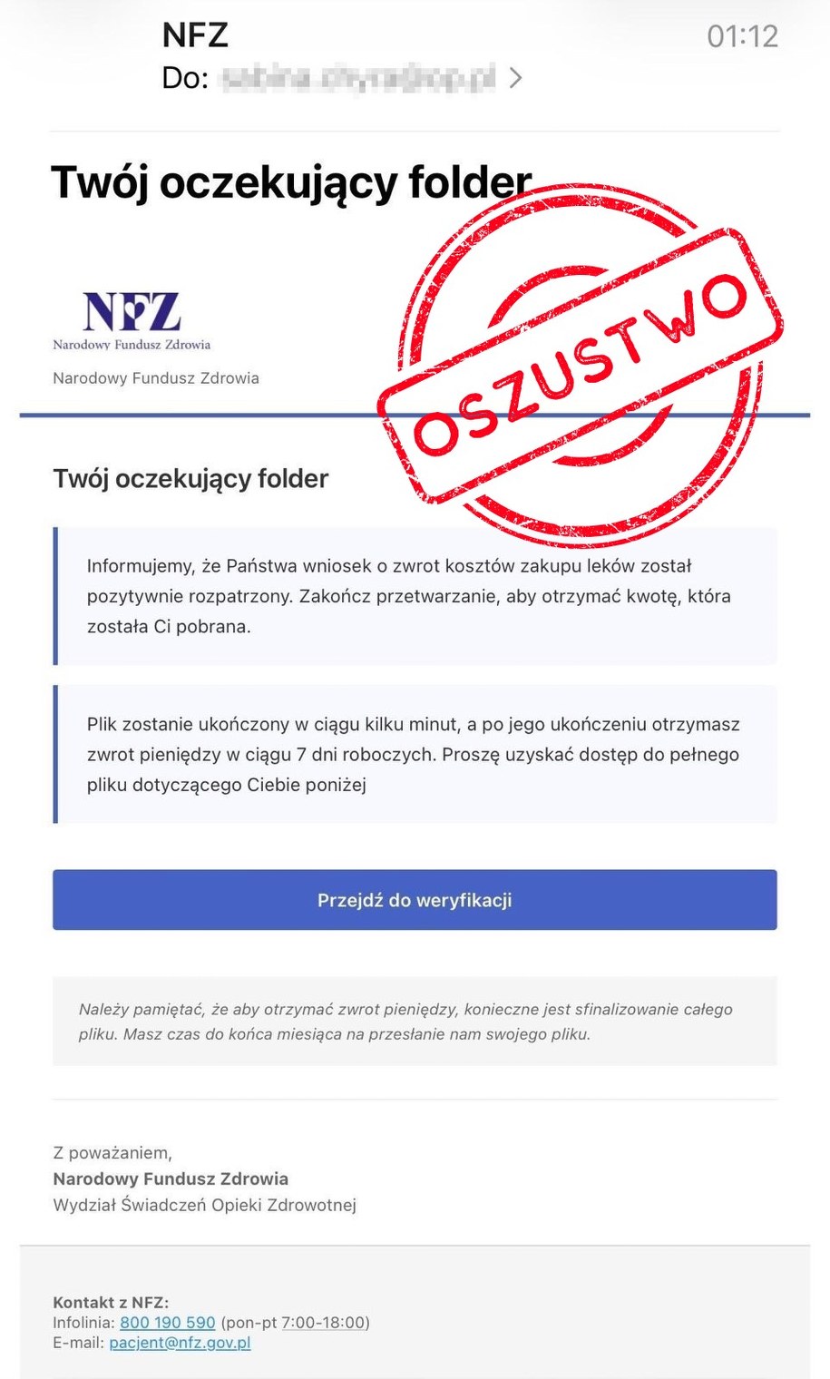 Mail od oszustów /Zrzut ekranu