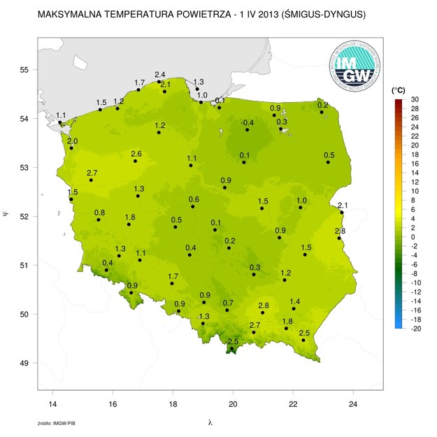 Maksymalna temperatura powietrza 1 kwietnia 2013 roku (śmigus-dyngus) /Instytut Meteorologii i Gospodarki Wodnej - IMGW PIB /