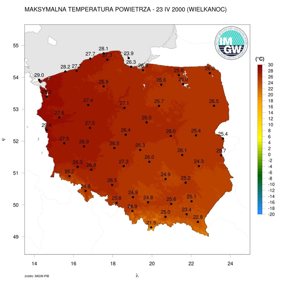 Maksymalna temperatura powietrza 23 kwietnia 2000 roku (Wielkanoc) /Instytut Meteorologii i Gospodarki Wodnej - IMGW PIB /
