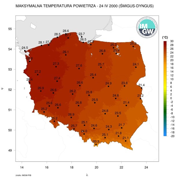 Maksymalna temperatura powietrza 24 kwietnia 2000 roku (śmigus-dyngus) /Instytut Meteorologii i Gospodarki Wodnej - IMGW PIB /