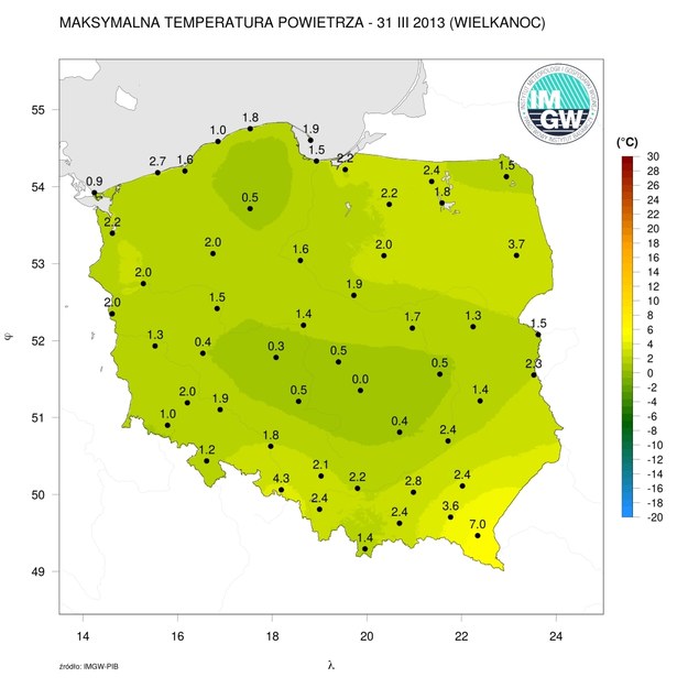 Maksymalna temperatura powietrza 31 marca 2013 roku (Wielkanoc) /Instytut Meteorologii i Gospodarki Wodnej - IMGW PIB /
