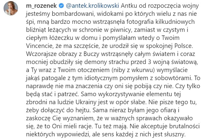 Małgorzata Rozenek o Królikowskim /Instagram