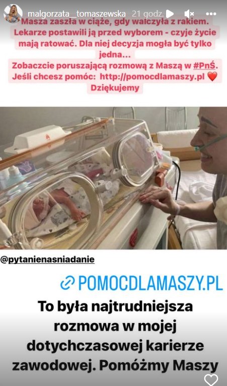 Małgorzata Tomaszewska apeluje o pomoc dla chorej Maszy https://www.instagram.com/malgorzata__tomaszewska/ /Instagram